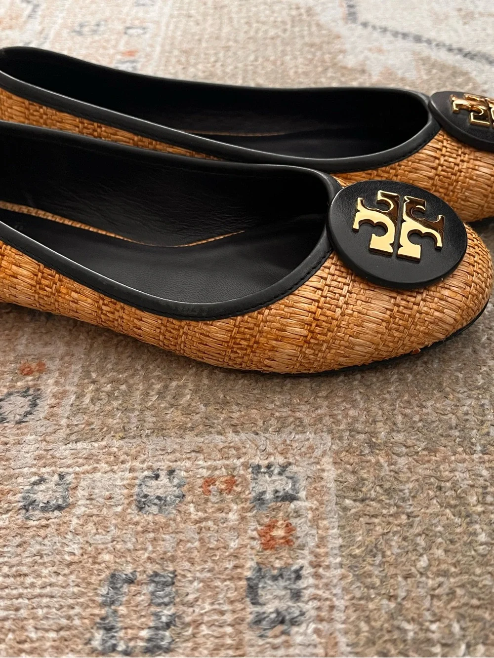 Tory Burch Reva Navy & Raffia woven straw flats with Gold Logo Medallion